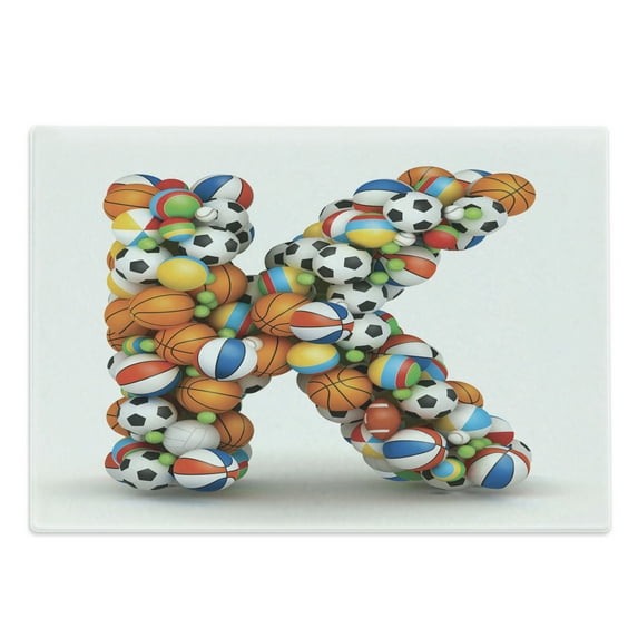 Letter K Cutting Board, Alphabet Letter with Gaming Balls of Popular Sports Fun Initial Monogram Design, Decorative Tempered Glass Cutting and Serving Board, Large Size, Multicolor, by Ambesonne