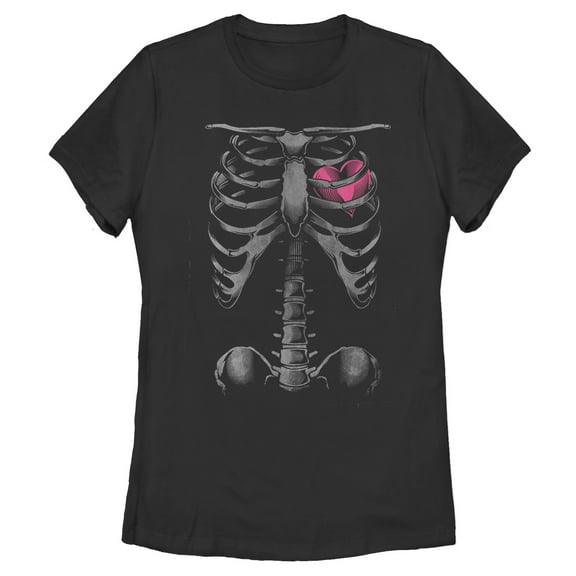Women's Lost Gods Halloween Skeleton Rib Cage Heart Graphic Tee Black 2X Large