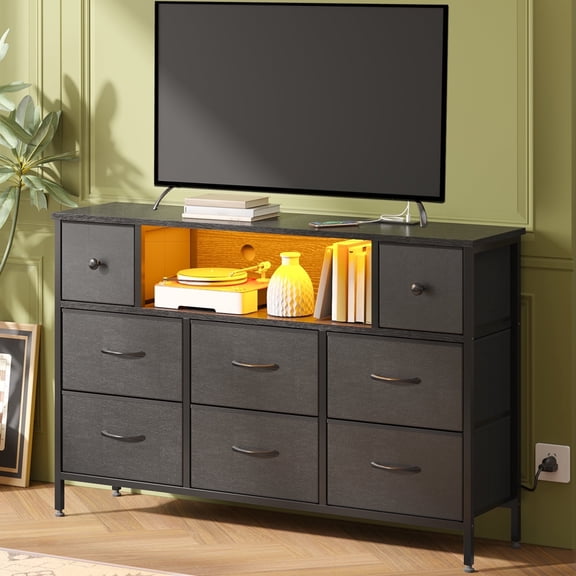 TOMNK Black Dresser with LED Lights and Power Outlets, 55" TV Stand with 8 Drawers for Bedroom, Living Room