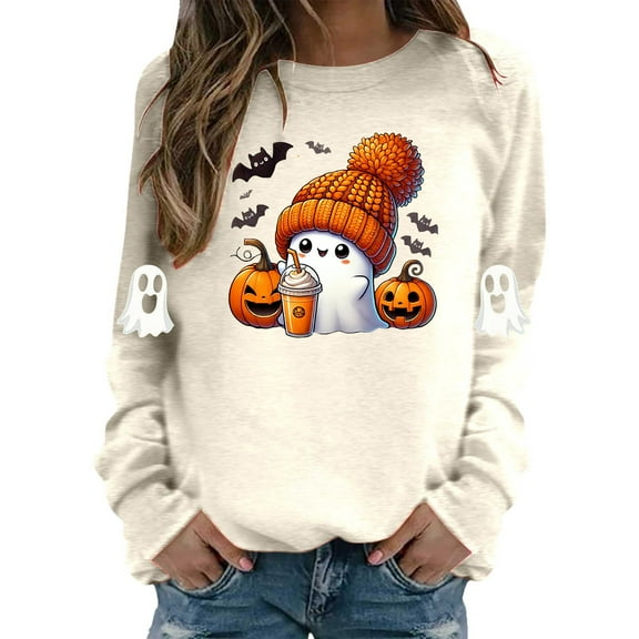 Cute Ghost Halloween Sweatshirts for Women 2025 Crewneck Ghost Coffee Pumpkin Graphic Sweatshirt Pullover Tops