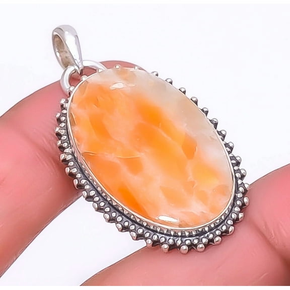 Orange Calcite- Peru Gemstone 925 Sterling Silver Pendant 1.76" P_9201_42_40, Orange calcite Pendant, Christmas Gift, New Year Sale, Gemstone Silver J