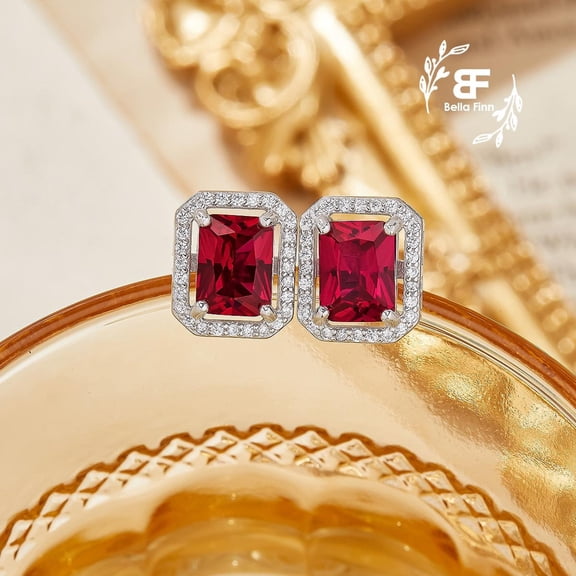 Halo Rectangle Radiant Simulated Ruby Studs Earrings,July Birthstone Solid 925 Sterling Silver Earrings,Gift For Her