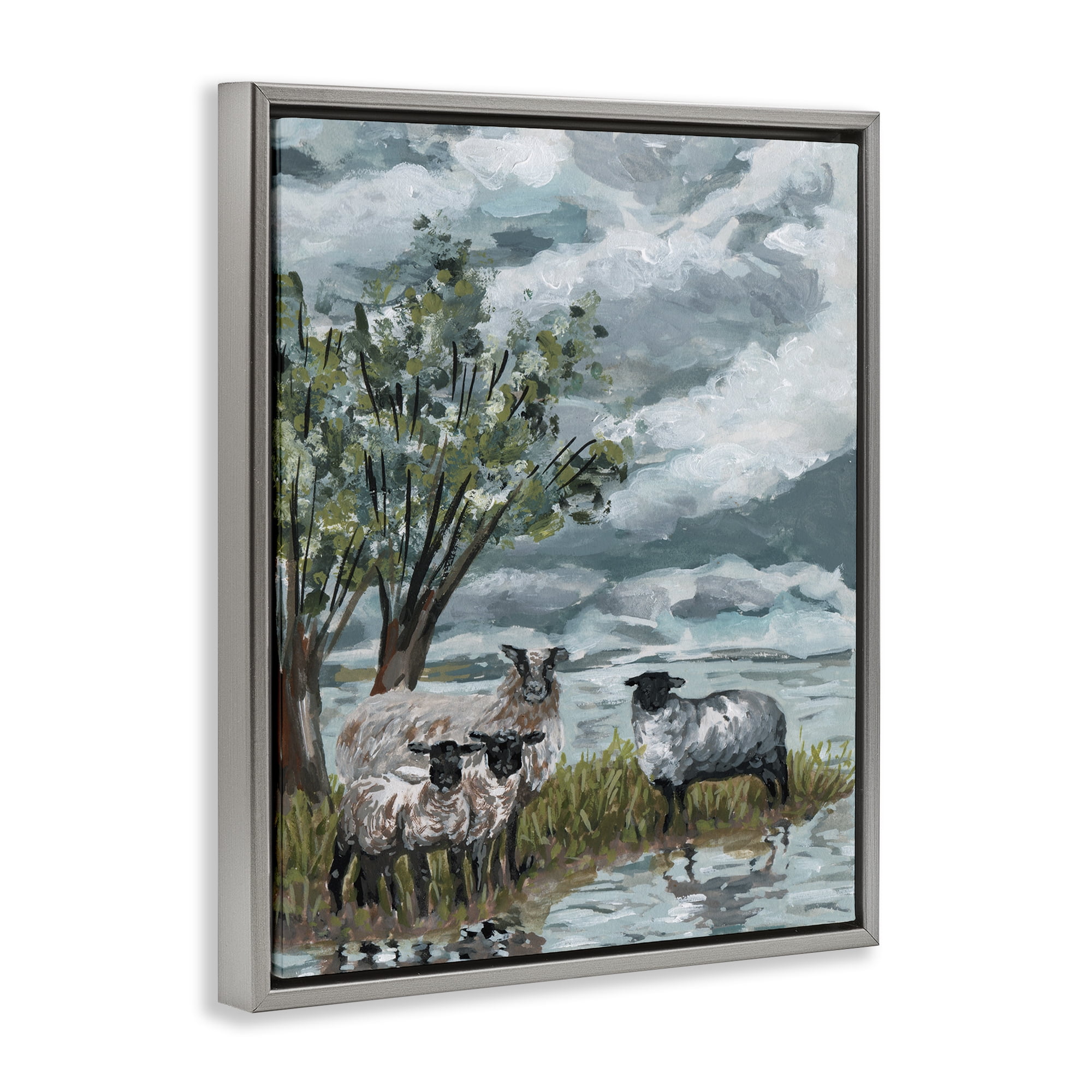Stupell Industries Traditional Sheep View Landscape Painting Gray Floater Framed Canvas Art Print Wall Art, 17 x 21
