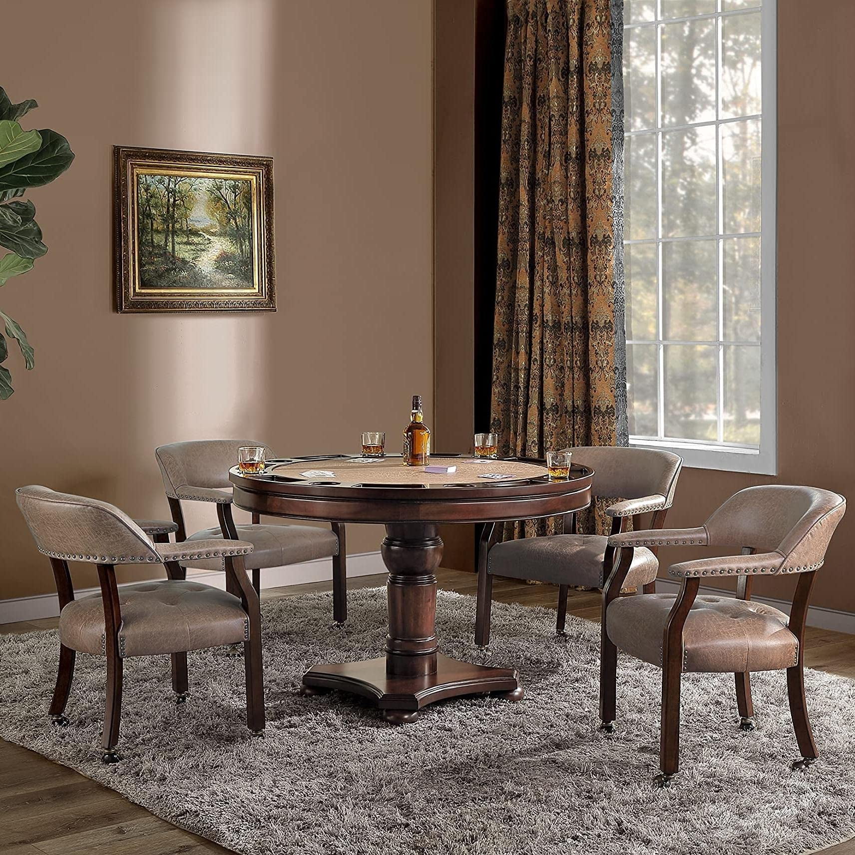 JESONVID Dining Chair with Casters Set of 4, Captain's Chair with Caster Dining Room Chairs with Rollers Curving Backrest Dinette Sets Poker Chair with Wheels Kitchen Table Rolling Chairs,Light Wheat
