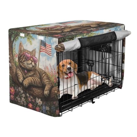 Qxltty American Flag Flower Cat Crate Cover Durable Oxford Cloth Pet Kennel Sunshade Universal Fit for 35in Wire Cage