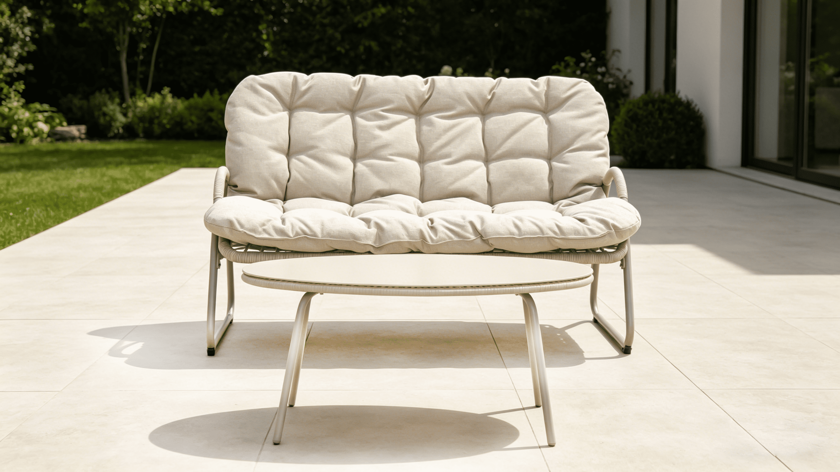 Outdoor Dining Table, Round Rattan Glass Top Table for Garden Patio Backyard, Off White
