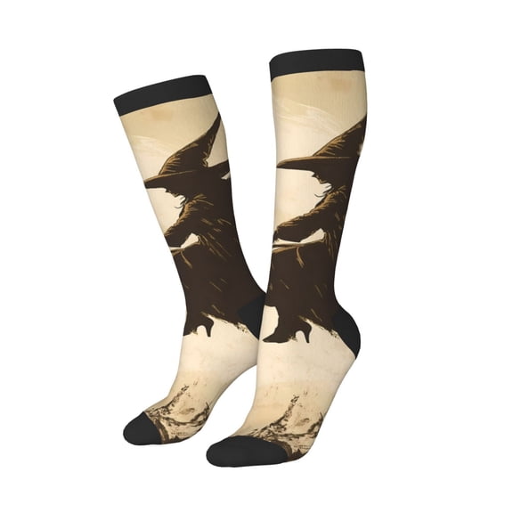 Knee High Socks for Women Men Athletic - Halloween Broomstick Witch Flying Thigh-High Black Sole Comfort Breathable Long Socks for Casual Travel Running