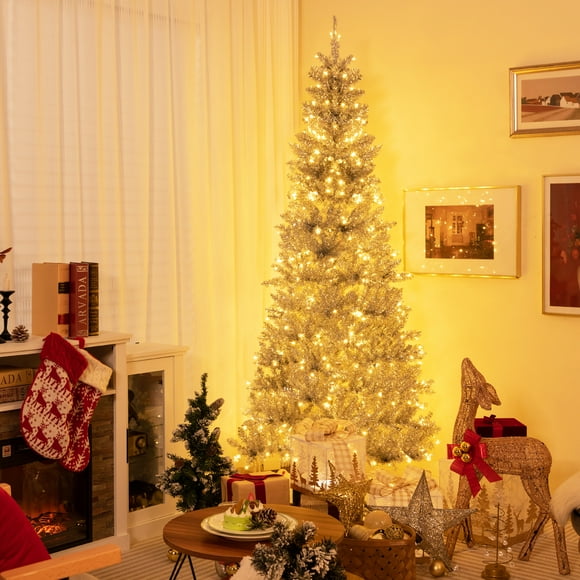Gymax 7 FT Pre-lit Artificial Silver Tinsel Christmas Tree Slim Pencil Xmas Tree