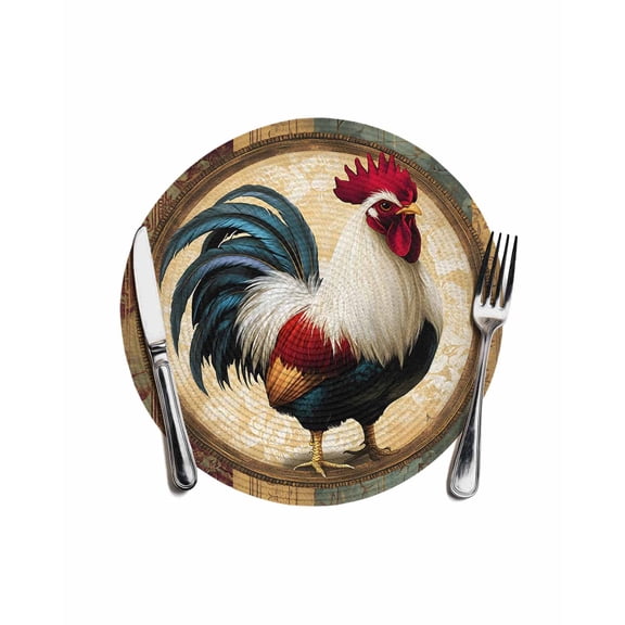 Rooster Round Placemats for Dinning Tables,Heat-proof Braided Table Mats 13 Inch,Vintage Rustic Farmhouse Style Oil Painting Washable Place Mat for Kitchen Restaurant Party Decor Table Setting
