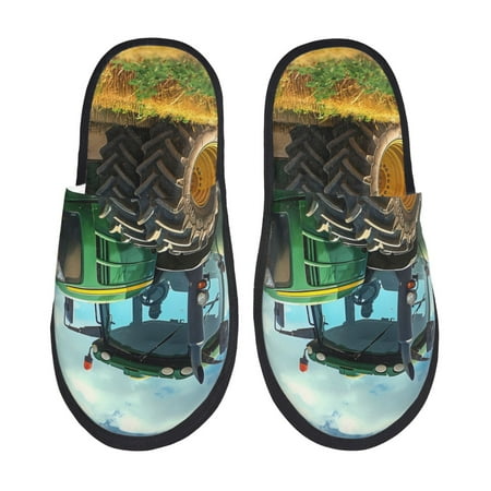 Balery Green Tractor Field Slient Indoor Furry Fleece Comfort House Shoes Soft Non-Slip Home Shoes Cotton slippers House Slippers-- Large