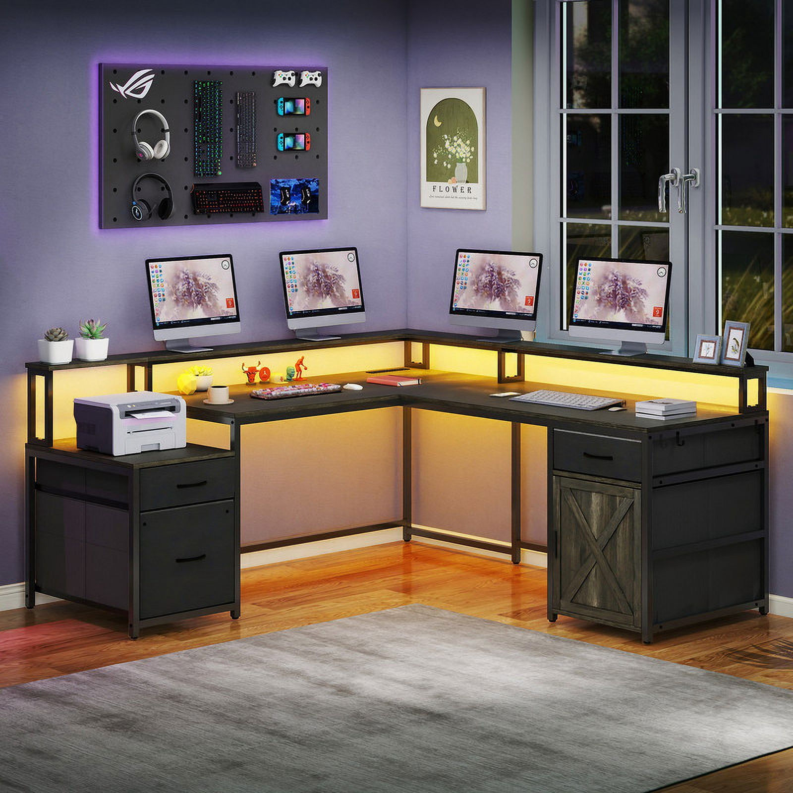 Uforic L Shape Desk with 3 Drawers& Monitor Stand, Reversible Computer Desk with LED Light& Power Outlet, Corner Gaming Desk Home Office Desk, Gray