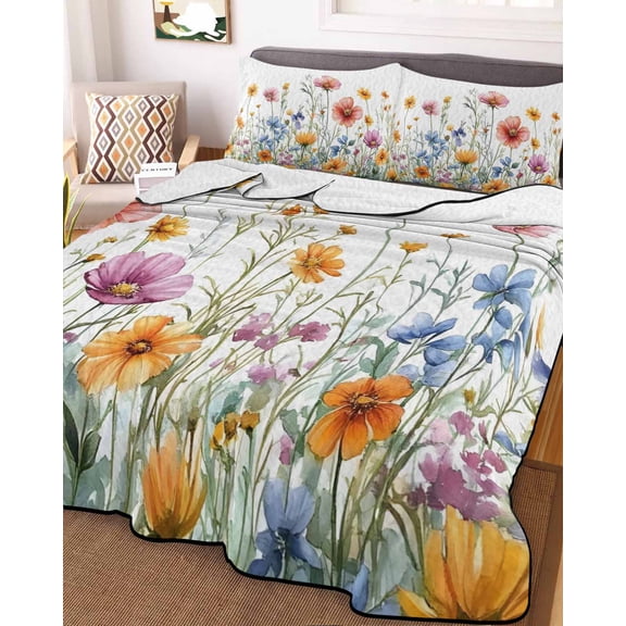 Wildflower Queen Size Down Alternative Comforter, Lightweight Comforter Quilt Bedding Set with Pillow Shams Country Flower Orange Pink Flower Plant All Seasons Bed Comforter Duvet Insert 90"x96"