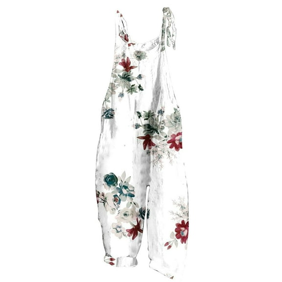 QATAINLAV Jumpsuit for Women Casual Linen Wide Leg Overalls Floral Print Rompers with Pockets 2024 Summer Loose Sleeveless Jumpsuits Adjustable Straps Playsuit, White, L