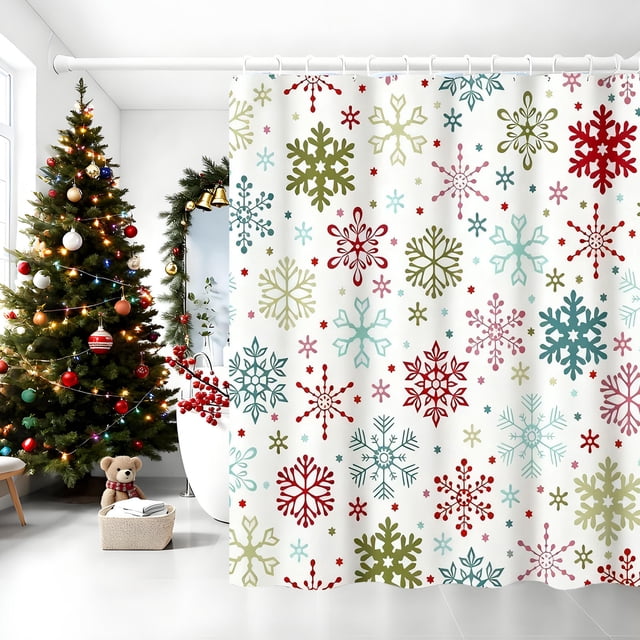 Colourful Christmas Snowflake Patterned Shower Curtain, Waterproof Polyester Fabric with 12 Hooks, Decorative Bathroom Accessory for Home and Hotel Use, 90x180 cm