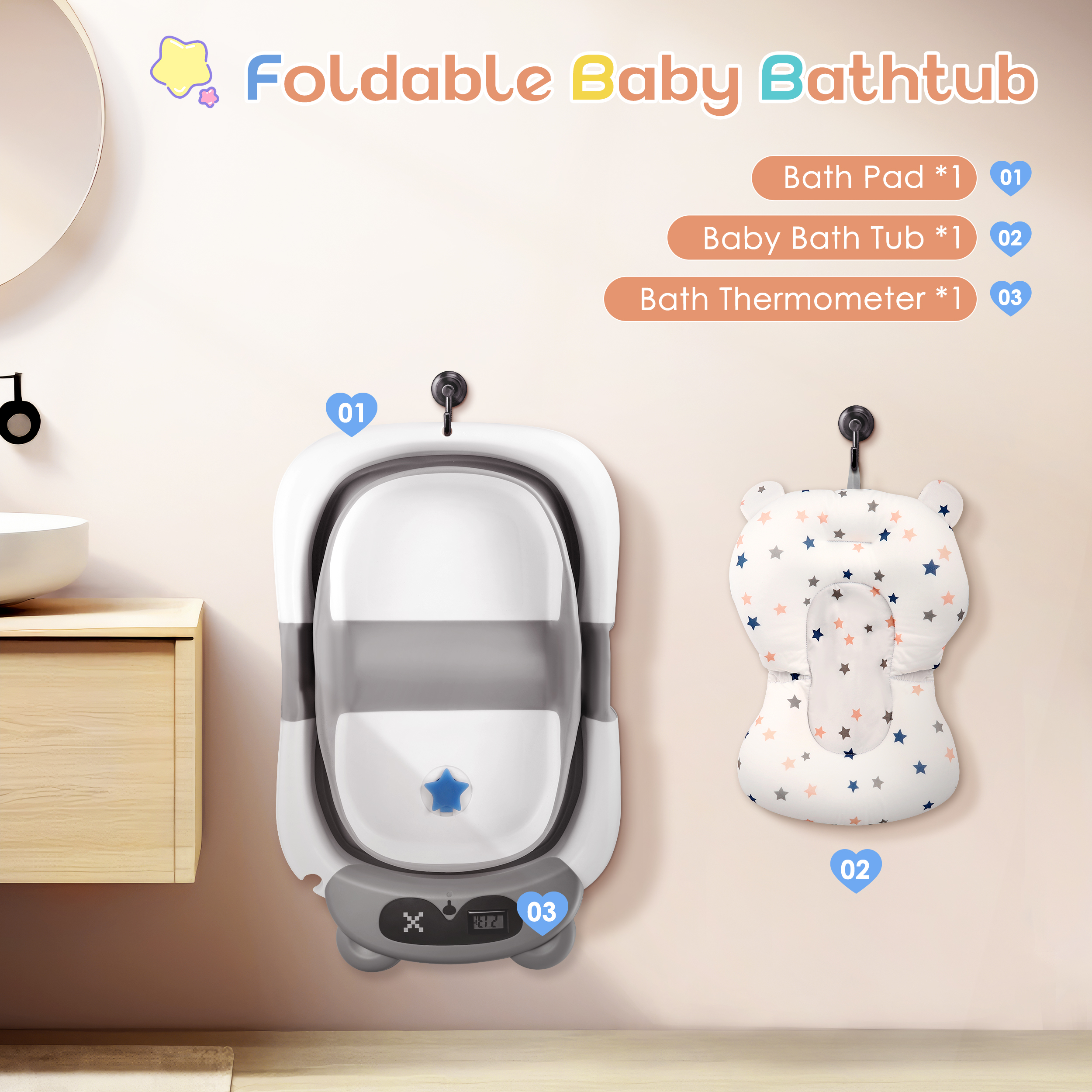 Doulami Collapsible Baby Bathtub, 0-36 Months with Cushion & Thermometer photo 5