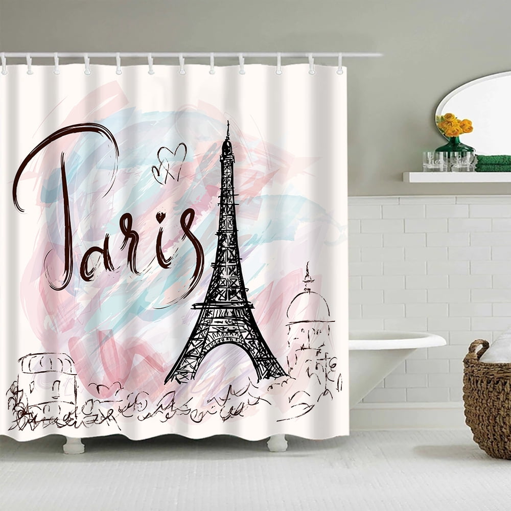 Eiffel Tower Heart Pattern Print Bathroom Shower Curtain