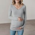 thumbnail image 2 of Splozh Maternity Long Sleeve Tops Women's Maternity Shirts Ribbed Long Sleeve Pregnancy Tops V Neck Knit Side Ruched Pregnant Clothes Sweater Grey,XS, 2 of 9