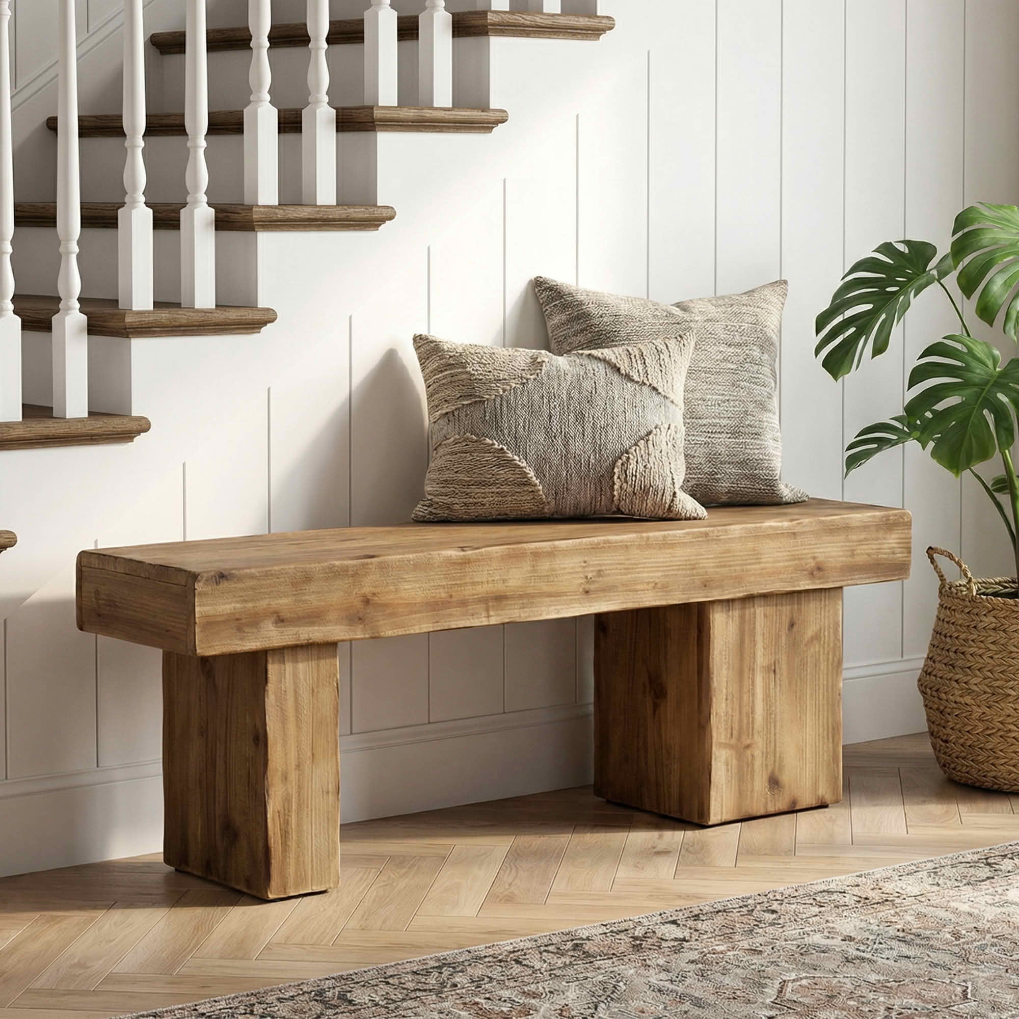 MAYEERTY Rustic 47 Inch Solid Fir Wood Entryway Bench, Heavy Duty Farmhouse Dining Shoe Bench with Artistic Legs for Bedroom Kitchen Hallway
