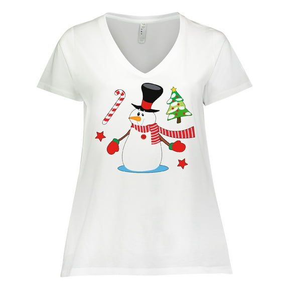 Inktastic Top Hat Snowman with Christmas Tree and Candy Cane Women's Plus Size V-Neck T-Shirt