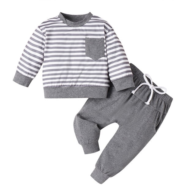 cfhntfmh Ensembles de Survêtements pour Bébés Garçons Mode Rayé Col Rond Manches Longues Chandails en Molleton Automne Jogger Confortable Tenues Décontractées
