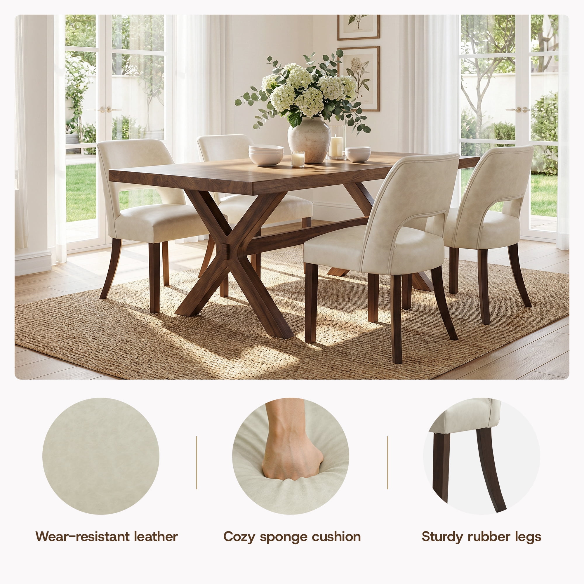 VKNOW Faux Leather 20.7" W Upholstered Dining Chairs Set of 2, Thick Foam Cushion Kitchen & Dining Room Chairs with Solid Wood Legs, Beige