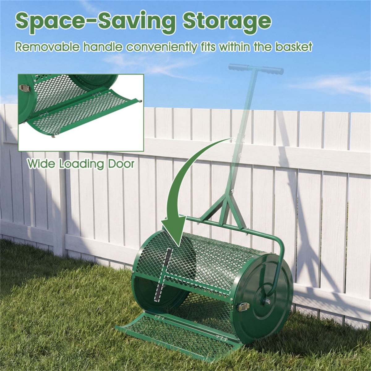 24" Lawn Topdressing Spreader with 0.75"×0.5" Mesh 2.7 Cu.ft Capacity Compost Spreader for Soil Sand Fertilizer Height-Adjustable Handle (Green)