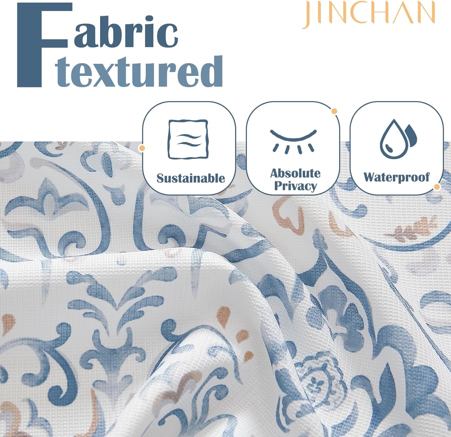 Blue Floral Shower Curtain, Medallion Damask Farmhouse Shower Curtains for Bathroom, Watercolor Retro Vintage Pattern Waterproof Fabric Shower Curtain, Bath Decor with Hooks 70x72 Inch