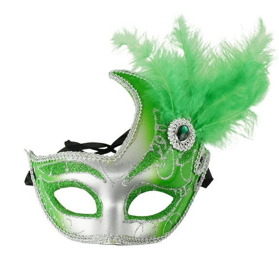 Fancy Feather and Gemstone Accent Mask, 10-1/4-Inch x 6-3/4-Inch - Apple Green