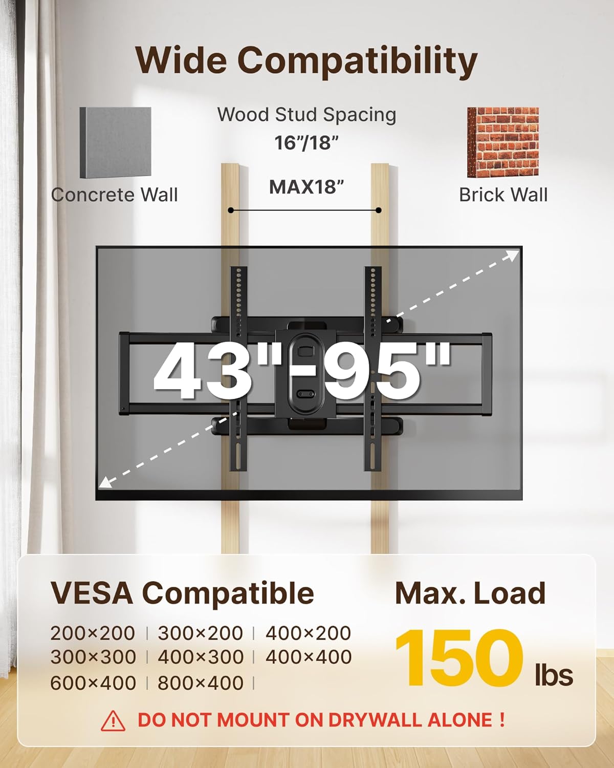 monTEK Full Motion TV Wall Mount for 43–95" TVs, 22" Long Arm Extension, 150 lb Capacity, Swivel Tilt Leveling, VESA 200x200–800x400, Fits 16"/18" Studs