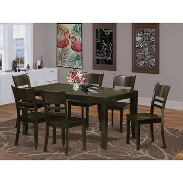 East West Furniture Dining Set-Table Table With Leaf And Dining Chairs-Finish:Cappuccino,Number of Items:7,Shape:Rectangular,Style:Wood Seat