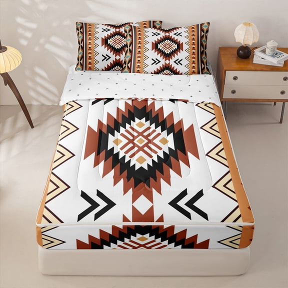 jejeloiu Southwestern Aztec Zipper Twin Comforter Sets with Fitted Sheet and 2 Pillowcases,Tribal Print Zipper Bedding Set For Boys,Brown White,Reversible,4-Piece