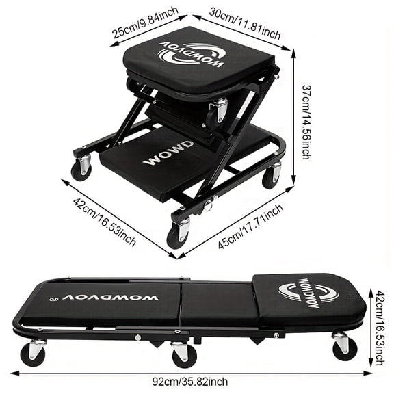 2-in-1 Foldable Z-Shape Auto Creeper Seat, 500/300lbs Load, Six 2.6" Wheels, Max 500lbs. Adjustable Caster Garage Repair Chair, Great Gift for Men