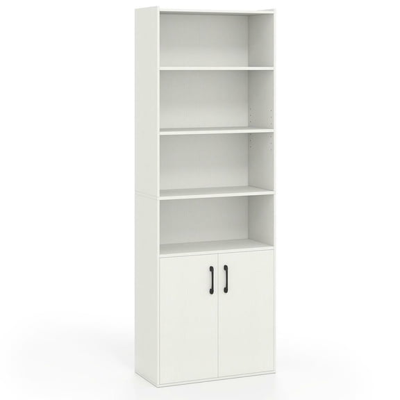 Resenkos 70" 6-Tier Bookcase - Adjustable Shelves 2-Door Cabinet, White