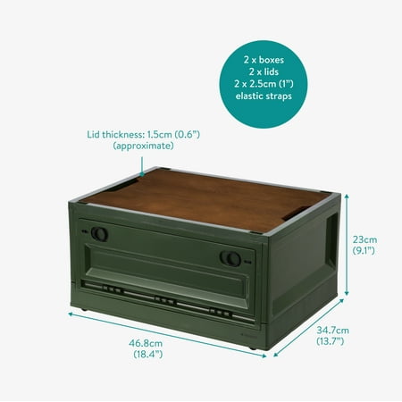 Navaris Camping Storage Box, Green, Set of 2 - 35L Foldable Bin with Pine Wood Lid - Collapsible Folding Crate - Easy to Disassemble Plastic Storage Crates - Stackable with Wheels