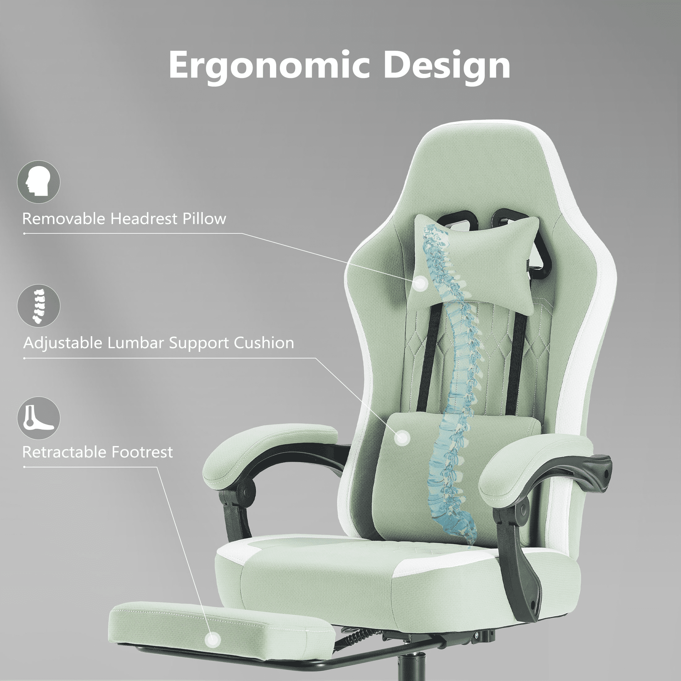 MAYEERTY Ergonomic Gaming Computer Chair with Pocket Spring Cushion, Adjustable Headrest Lumbar Pillow, 90°-135° Reclining Height Adjustable Desk Chair with Armrests