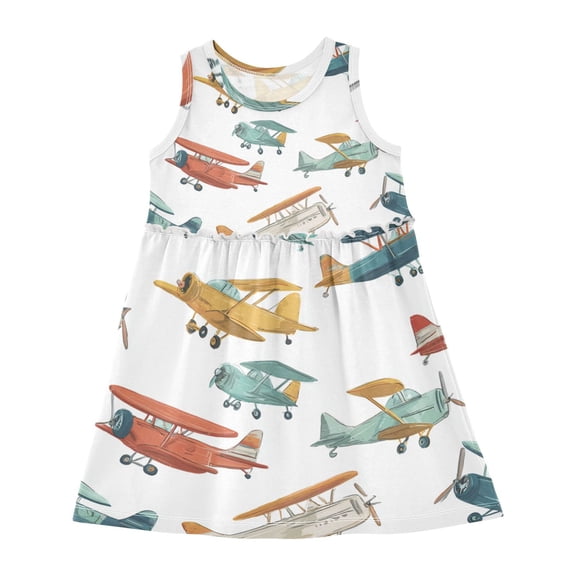 Girls Dress Vintage Aircraft Sleeveless Dress for Girls Hem A-Line Casual Sundress