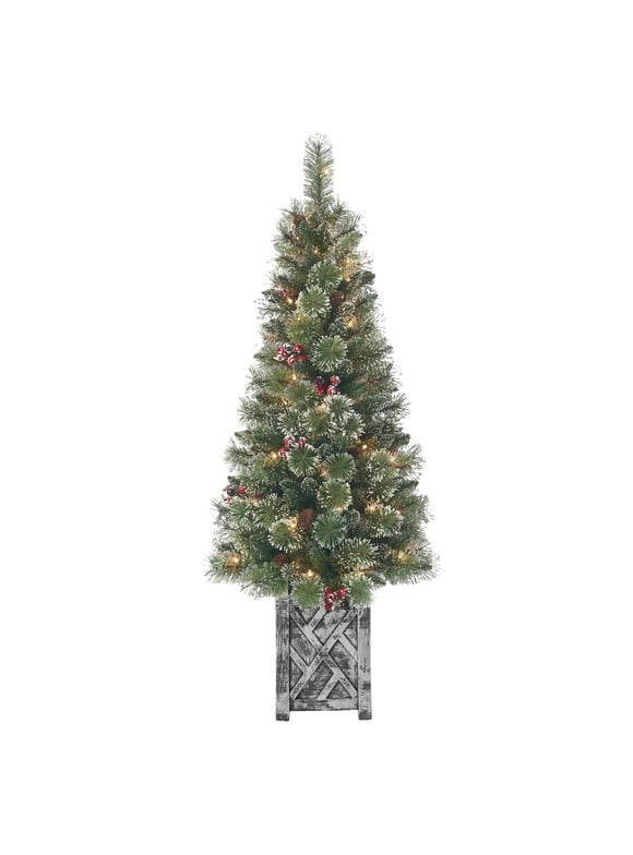 Holiday Time 5ft Pre-Lit Incandescent Glittering Frost Porch Christmas Tree, Clear, Green, 5'