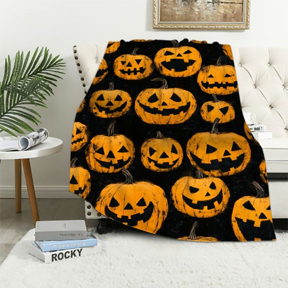 JRXY Halloween Throw Blanket for Couch | Orange Pumpkin Fall Blanket | Soft Plush Warm Black Fall Cabin Throw (Pumpkin Halloween) Pumpkins Faces Spooky All Seasons 40x50in