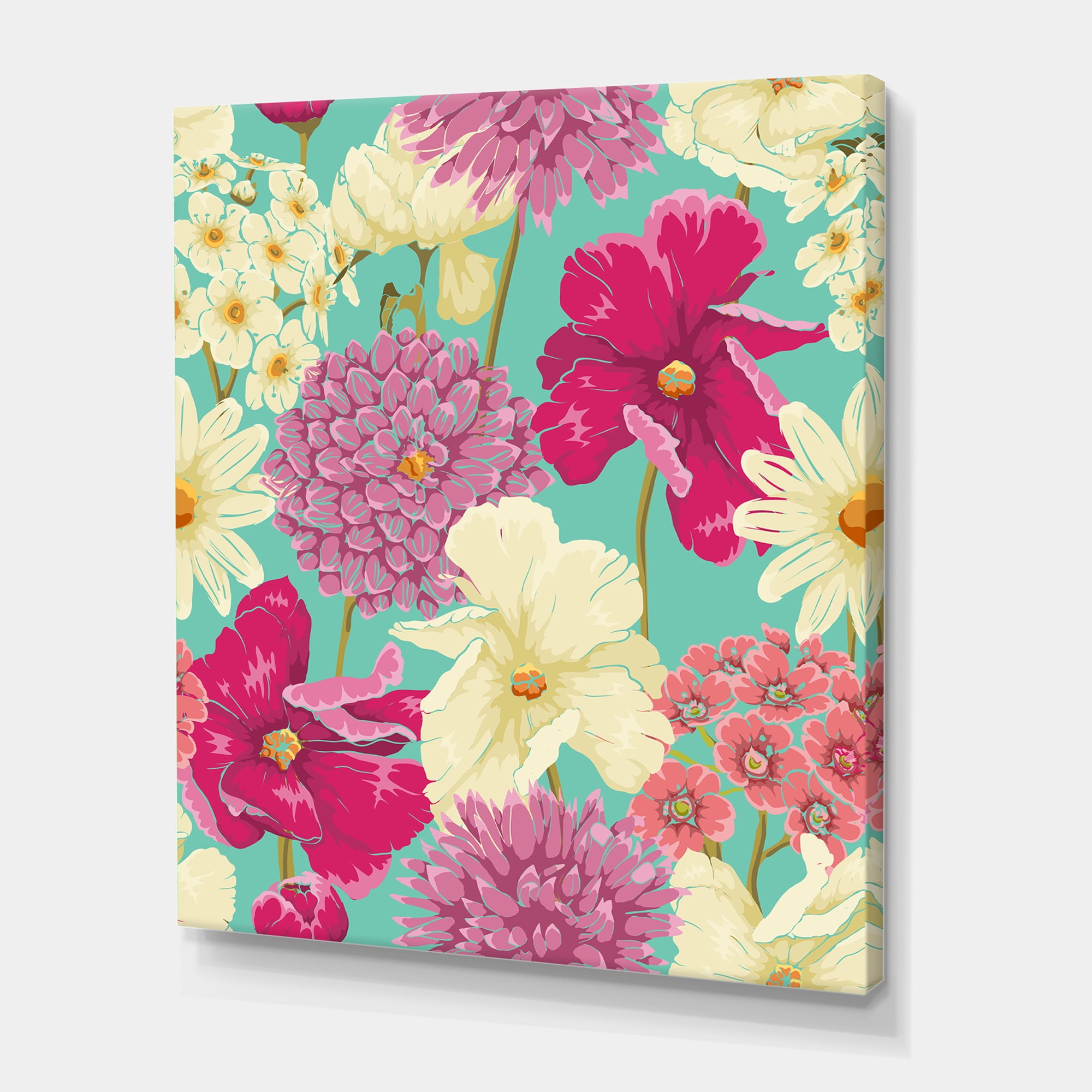 Designart ' Vintage Yellow and Pink Flowers ' Traditional Canvas Wall Art Print