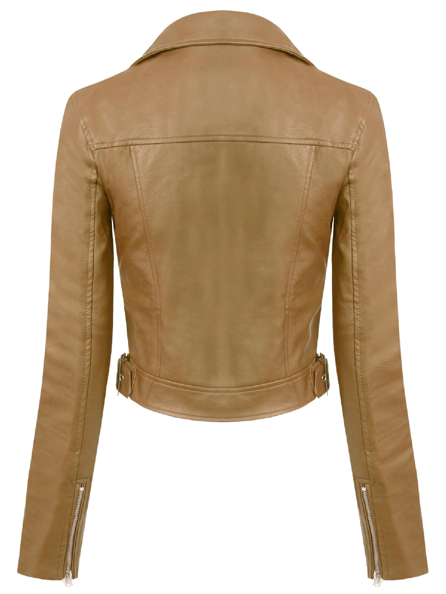 MixMatchy Women's Faux Leather Long Sleeve Zipper Closure Moto Biker Short Coat Jacket