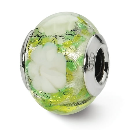 Italian Murano Glass Flower - Sterling Silver Reflection Green and White Flower Italian Murano Bead MSRP $81