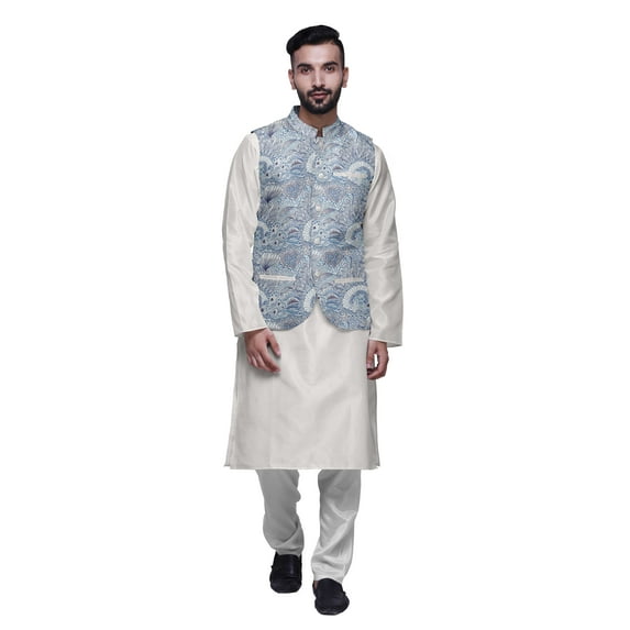 Atasi Ethnic Kurta Churidar Pajama Set With Printed Nehru Jacket Set For Mens
