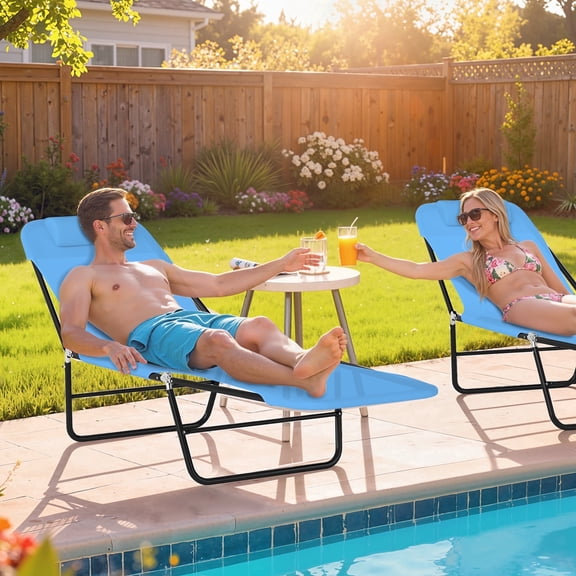 Outsunny Foldable Outdoor Chaise Lounge Chair, 5-Level Reclining Camping Tanning Chair with Breathable Mesh Fabric and Headrest, Blue