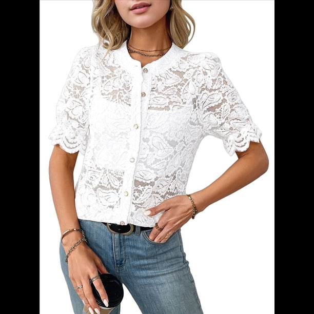 Camisa Informal de Encaje con Mangas Abullonadas y Cuello Redondo con Ojales para Mujer, Color , Talla L