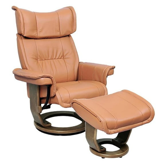 Pemberly Row Contemporary Caramel Leather Swivel Recliner with Matching Ottoman