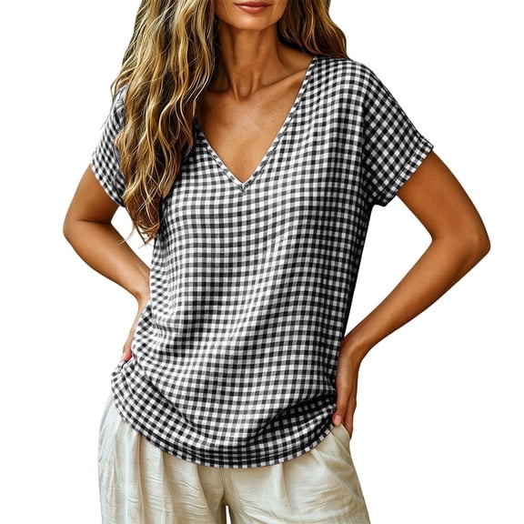 Achuyrbd Women's Gingham V-Neck T-Shirt, Casual Loose Short Sleeve Plaid Blouse, S-2XL