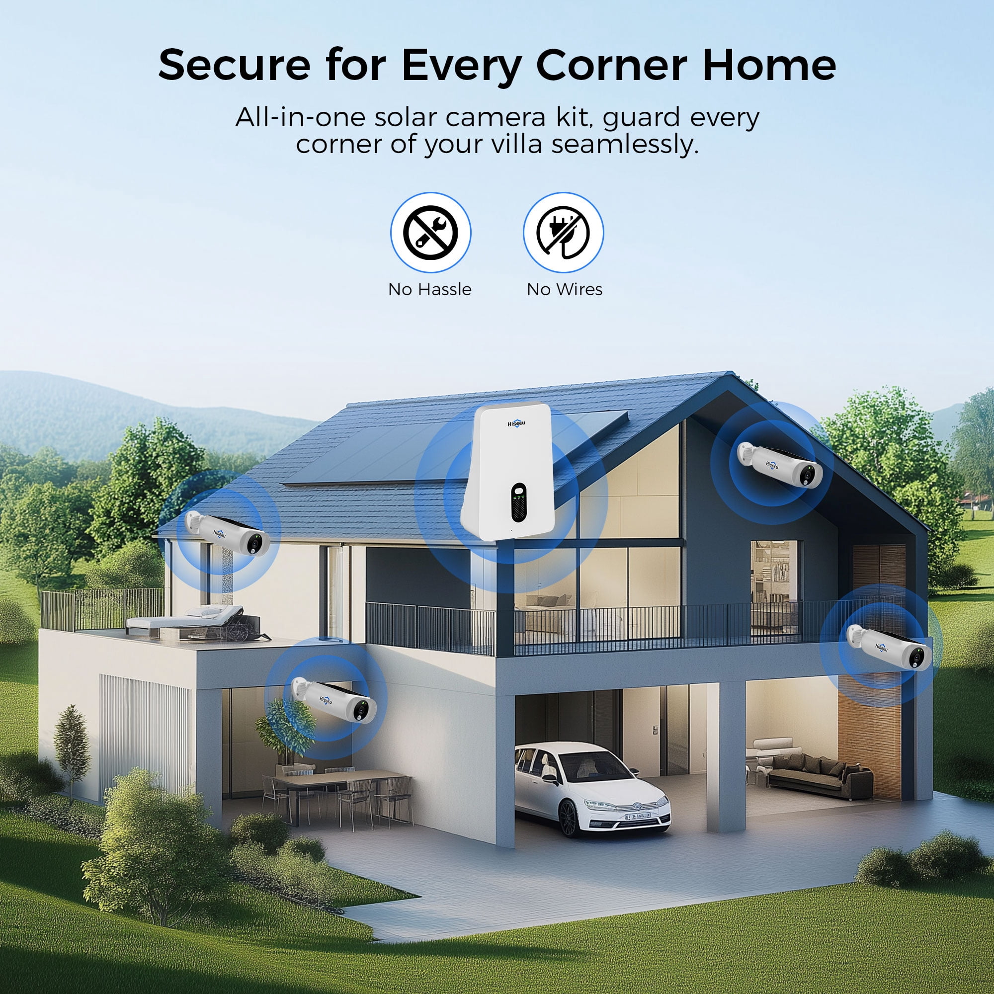 Hiseeu 2K/4MP Solar Security Camera with Base Station, Spotlight, Expandable 10 Channel, with 64G Free Storage Wireless Outdoor Camera, Waterproof PIR Detection, Home Surveillance System Camera