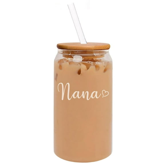 16oz Can Shaped Glass Iced Coffee Cup with Bamboo Lid and Straw Gift Nana With Heart