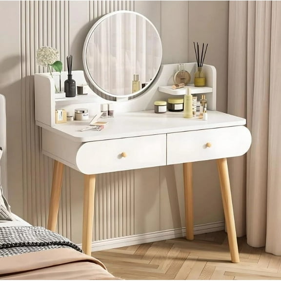 LHUAI, Vanity Desk With Mirror, Makeup Vanity Table Set With 2 Storage Drawer, 2 Shelves, Bedroom Dressing Table, White