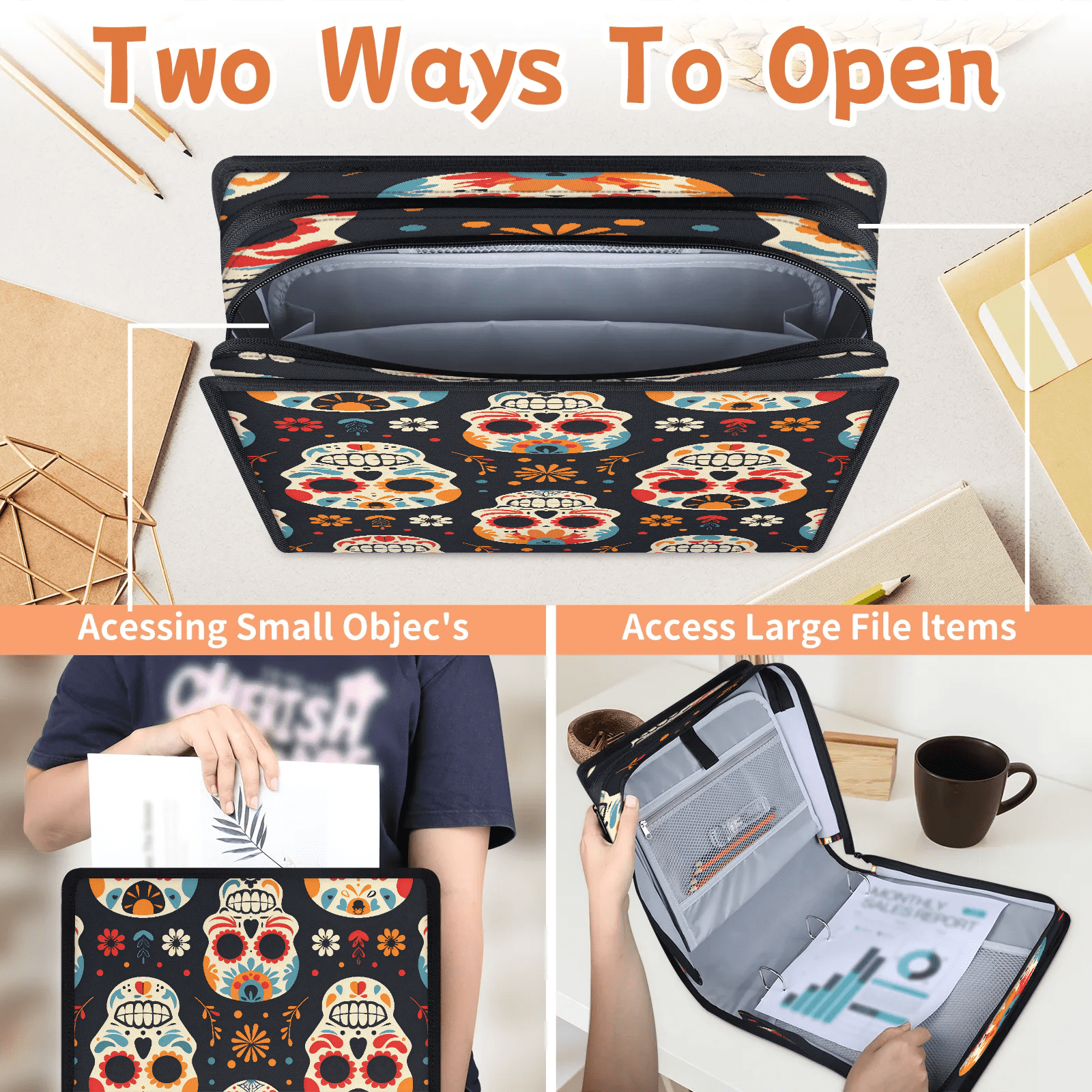 Herdesigns Sugar Skull Floral Zipper Binder with Shoulder Strap, Waterproof 1.5 Inch 3 D-Ring Binder Organizer Bag, Fits 13 Inch Laptop for Work,